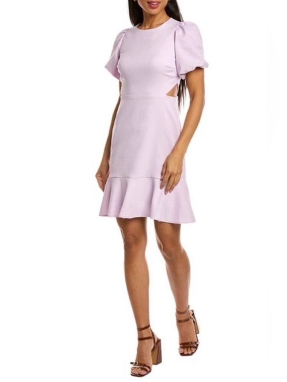 Taylor Anthropologie Lilac Cut Out Dress Puff Sleeve Ruffle Hem Size 14 Ladylike